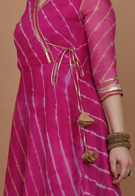 Leheriya Printed Chiffon Kurta in Fuchsia : TZQ510 Lehriya Sharara Designs, Laheriya Design Dresses, Bandhni Gown Designs Latest, Lehriya Anarkali Suits, Lehriya Dress Design, Traditional Kurti Designs Latest, Leheriya Suit Design, Lehriya Anarkali, Lahariya Kurti Design