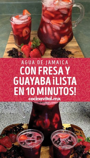 ¡Riquísima combinación, te encantará esta bebida! Aprende cómo hacer esta agua de jamaica con fresa y guayaba. Agua Fresca, Food Stands, Summer Drinks, Cooking Time, Drinks