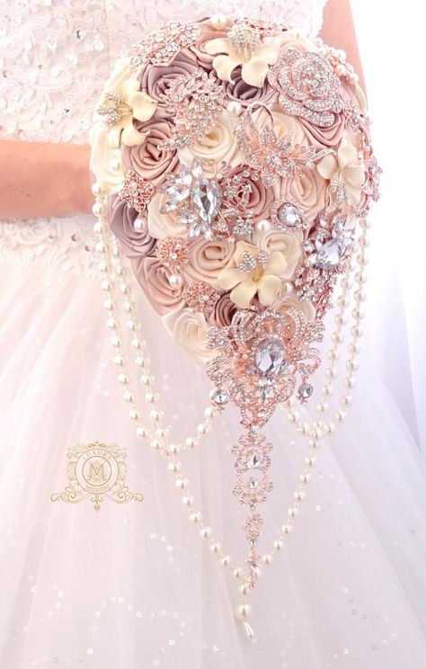 Rose gold BROOCH BOUQUET. blush cream champagne ivory | Etsy Bouquet Alternatives, Cascading Brooch Bouquet, Wedding Bouquet Champagne, Rose Gold Brooch Bouquet, Rose Gold Bouquet, Quinceanera Bouquet, Unique Bridal Bouquets, Gold Bouquet, Elegant Brooch