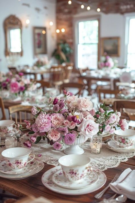 Afternoon Tea Themed Wedding, English Tea Party Wedding Theme, Wedding Tea Party Ideas, Antique Garden Ideas, English Tea Party Theme, Short Table Centerpieces, Floral Tea Party Decorations, High Tea Bridal Shower Ideas Decorations, Wedding Shower Tea Party