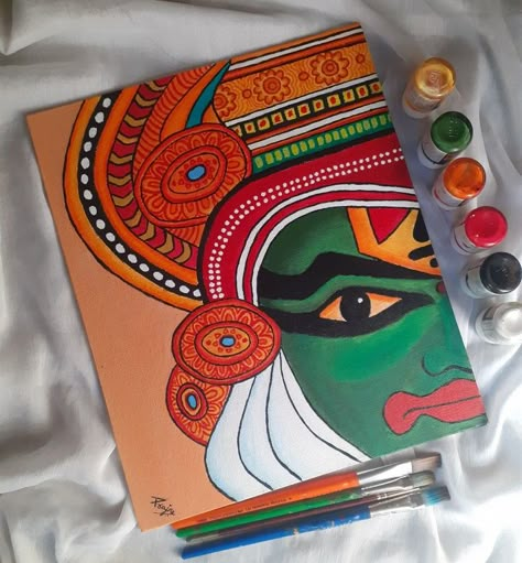 Follow for more arts Canvas Painting Ideas Traditional, Small Canvas Board Painting Ideas, Onam Painting Ideas, Onam Drawing Images, A3 Canvas Painting Ideas, Big Canvas Painting Ideas Acrylic Easy, Varli Art Painting, Poster Color Painting Artworks, Yakshagana Painting