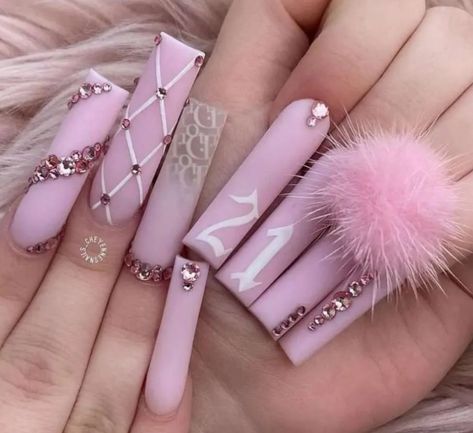 Pink Nails With Gems Jewels, Xl Valentines Day Nails, Libra Nails Acrylic, 21st Birthday Nails Acrylic, 21 Birthday Nails, Birthday Nails Leo, Exotic Birthday Nails, Pretty Nail Designs Acrylics, 21st Birthday Nails