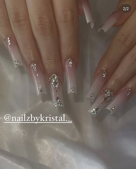 Silver Prom Nails Square, Medium Silver Nails, Prom Nails Diamonds, Senior Prom Nails, Silver And White Nails Prom, Silver Nails Bling, White Acrylics With Rhinestones, Silver Quince Nails, Silver Nails With Gems