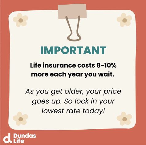 ⏰ Time is ticking! ⏰ Did you know that life insurance costs 8-10% more each year you delay? Don't pay more than you have to! Take control of your financial future and lock in your lowest rate with Dundas Life today. Life Insurance Humor, Life Insurance Marketing Ideas, Insurance Humor, Insurance Marketing Ideas, Life Insurance Facts, Life Insurance Marketing, Universal Life Insurance, Life Insurance Agent, Insurance Sales