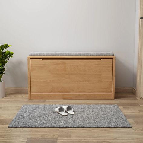 Solid Wood Shoe Storage Bench with Flip-Door Shoe Cabinet Boot Storage Bench, Shoe Storage Cabinet Entryway, Small Shoe Cabinet, Shoe Cabinet Design, Flip Door, Shoe Storage Bench Entryway, Bench With Cushion, Wood Shoe Storage, Storage Bench With Cushion