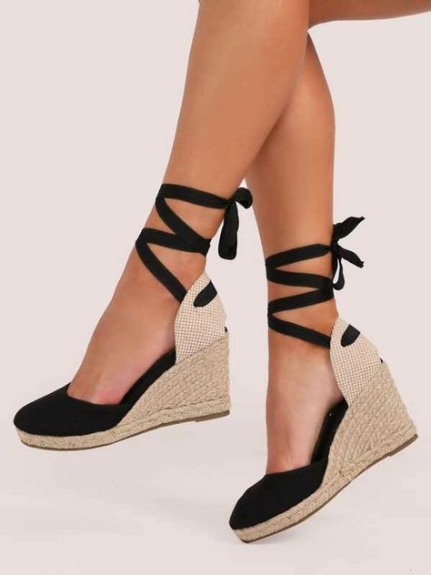 Lace Up Ankle Closed Toe Jute Trim Wedges | SHEIN USA Lace Up Wedge Sandals, Closed Toe Wedges, Lace Sandals, Lace Up Wedges, High Heel Wedges, Womens Shoes High Heels, Pink Heels, Black High Heels, Womens Wedges