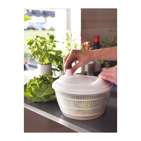 $5.99 - TOKIG Salad spinner IKEA The bowl can also be used for serving. White Kitchen Utensils, Salad Spinners, Compost Container, Recycling Facility, Veggie Patch, Salad Spinner, Fruit Salad Recipes, Synthetic Rubber, Plastic Laundry Basket