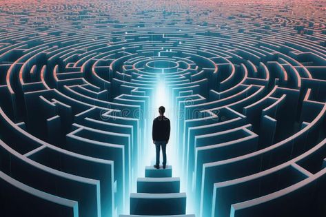 Person silhouette lost in digital maze. Labyrinth in cyberspace. Generative AI stock photo Surreal Background, Maze Labyrinth, Person Silhouette, Background Search, Maze Game, Key Visual, Graduation Project, Futuristic Technology, Labyrinth