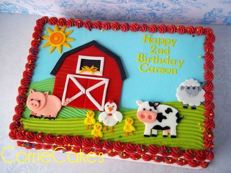 a cute farm cake from CorrieCakes-just love her work! Farm Birthday Cakes, Farm Animal Cakes, Barnyard Birthday Party, Farm Theme Birthday, Farm Themed Birthday Party, Farm Animals Birthday Party, Farm Cake, Barnyard Party, Barnyard Birthday