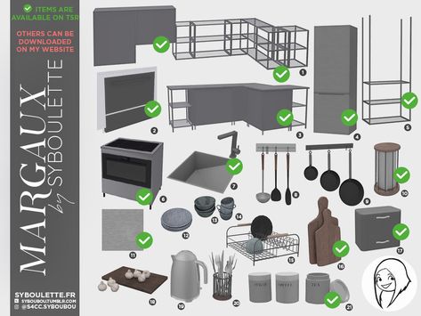 The Sims Resource - Patreon early release - Margaux kitchen - Part 1: Furnitures Sims 4 Cc Functional Kitchen Appliances Patreon, Sims 4 Kitchen Clutter, Sims Kitchen, Industrial Coffee Shop, Ceiling Shelves, Sims 4 Kitchen, Kitchen Objects, Kitchen Step Stool, Cc Furniture