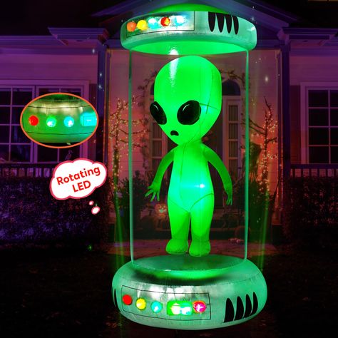 PRICES MAY VARY. Stunning Design. This 7ft tall Halloween inflatable Test Tube with Alien is a sight to behold. Its unique design features an alien creature encased within a towering test tube, capturing the attention of people who see it. The attention to detail is impeccable, from the alien's intricate features to the vibrant colors that bring it to life. Product size 4 x 4 x 7 feet. This inflatable comes with an extended cord, ground stakes, fastened ropes, built-in sandbags, and a plug with Alien Party Decor, Alien Halloween Decorations, Alien Party Decorations, Alien Decorations, Halloween Decor Outdoor, Space Decorations, Halloween Blow Ups, Unique Halloween Decorations, Alien Party