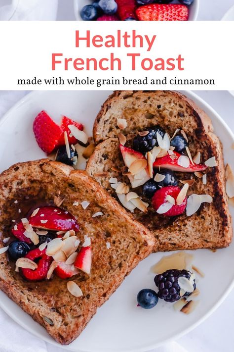 This easy French toast recipe is ligheted up and made with healthier ingredients including whole grain bread, almond milk, lots of cinnamon, and pure maple syrup. #breakfast #freezerfriendly #kidfriendly #makeahead #quickandeasy Healthy Breakfast Dishes, Healthy French Toast, Easy French Toast, Ww Breakfast, Vegan Egg Substitute, Easy French Toast Recipe, Kids Breakfast, Slender Kitchen, Grain Bread