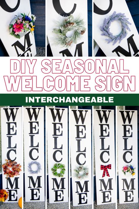 All Season Welcome Sign, Welcome Sign Front Door Diy, Door Leaners, Seasonal Welcome Sign, Interchangeable Welcome Sign, Crochet Wreaths, Seasonal Signs, Welcome Signs Front Door, Covered Patios