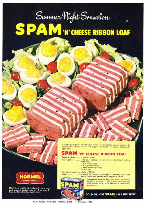 SPAM 'n' Cheese Ribbon Loaf 70s Food, 1950s Food, Spam Recipes, Gross Food, Canned Meat, Evening Post, Food Ads, Weird Food, Retro Recipes