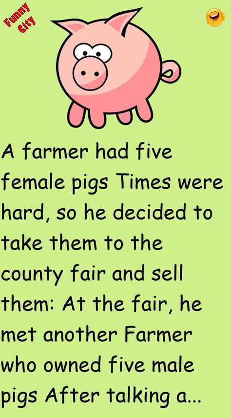 A farmer had five female pigsTimes were hard, so he decided to take them to the county fair and sell them:At the fair, he met another Farmer who owned five male pigs #funny, #joke, #humor County Fair Quotes, Farm Humor Hilarious, Funniest Jokes Laughing So Hard So Funny, Pig Jokes, Farmer Jokes, Pigs Quote, Farm Jokes, Farm Humor, Funniest Short Jokes