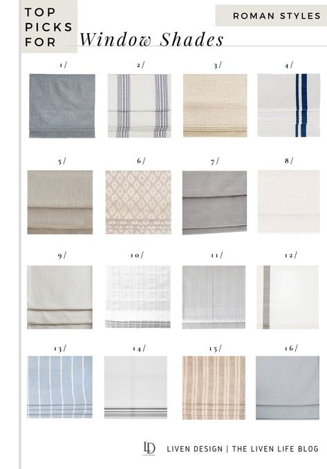 best window shades for the home. Roman shades. faux Roman shade. Etsy window shade. fabric window shade. farmhouse stripe. pinstripe. grosgrain ribbon window shade. natural woven shade. custom window shade. ready made Roman window shade. neutral window shade. bamboo window shade. ikat. chambray window shade. light filtering window shade. #home #romanshade #bedroom #livingroom #fabric #traditional #modern #nursery Roman Shades Pattern, Roman Shade Fabric Ideas, Affordable Roman Shades, Pattern Roman Shades, Striped Roman Shades, Window Shades Bedroom, Woven Roman Shades, Window Coverings Bedroom, Fabric Window Shades