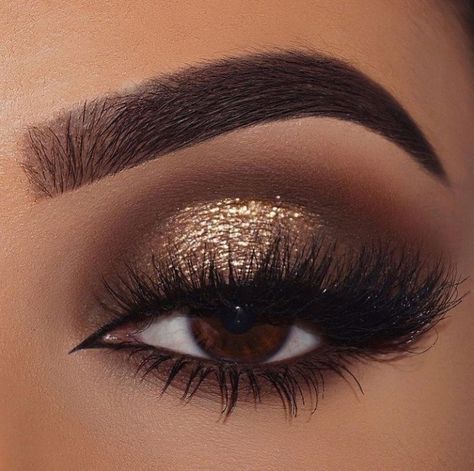 Goldish Eye Makeup, Brown Smokey Eye With Gold Shimmer, Eye Makeup For Night Wedding, Bridesmaids Makeup Smokey Eye, Wedding Makeup For Brown Eyes Dramatic, Brown Smokey Eye Glitter, Smokey Eye With Gold Makeup, Smokey Eye With Gold Glitter, 21st Birthday Makeup Ideas Natural