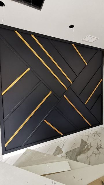 Black Gold Accent Wall, Black And Gold Accent Wall, Black Accent Wall Office, Geometric Panelling, Unique Wall Design, Geometric Accent Wall, Custom Wall Design, Bathroom Remodel Plans, Black Accent Wall