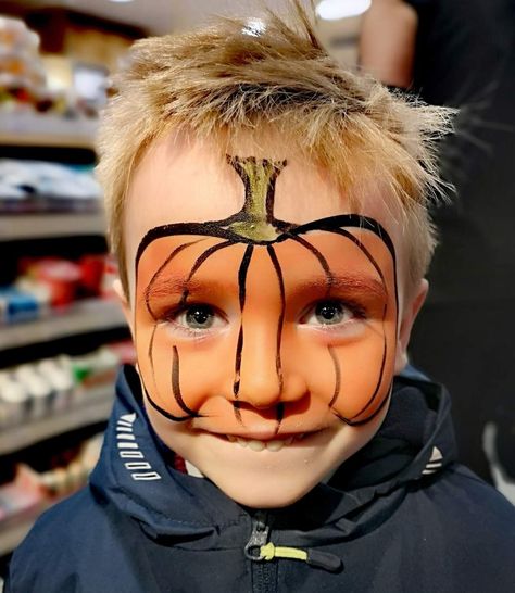 Halloween Face Paint For Kids Boys, Easy Pumpkin Face Paint, Halloween Makeup Boys Easy, Boys Halloween Facepaint, Face Painting Pumpkin, Pumpkin Makeup Ideas, Face Painting Halloween Kids, Easy Halloween Face Painting, Kids Halloween Face