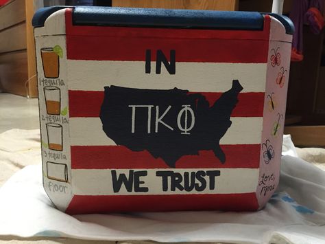 Pi Kapp Frat Cooler, Phi Kappa Tau Cooler, Pi Kappa Phi Cooler, Pi Kapp, Mountain Weekend Cooler, Painted Fraternity Coolers, Phi Kappa Tau, Pi Kappa Phi, Formal Cooler Ideas