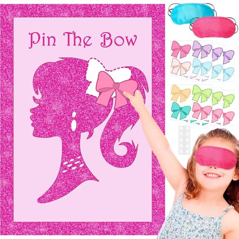 PRICES MAY VARY. Package Includes: Pin The Bow party game is easy to play and comes with 1pc large pink poster, 24pcs bow stickers in 8 colors, 2pcs blindfolds, and 10 double dot stickers, engaging your kids and their friends in a fun-filled party activity with our pin the bow game Pink Princess Party Games: Transform any party venue into a magical princess world with our pin the bow game. The pink girl-themed poster and vibrant bow stickers add a touch of charm to the room, creating a delightfu Pink Barbie Party Decor, Princess Party Games For Kids Activities, 4th Birthday Barbie Party Decor, Barbie Party 5th Birthday, 4th Barbie Birthday Party, Barbie Birthday Games, 5 And Fabulous Birthday Party, Barbie Birthday Party Activities, Barbie Party Games Activities