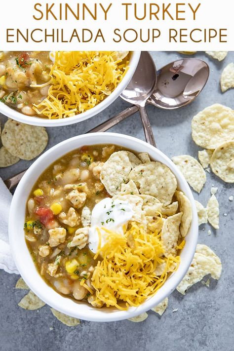 Skinny Turkey Enchilada Soup is an easy and flavorful soup that's packed full of flavor!  This simple, healthy, soup is a great way to use ground turkey! #soup #souprecipes #turkeysoup #enchiladasoup #healthysoup #thesaltymarshmallow Green Enchilada Soup, Ground Turkey Enchiladas, Turkey Ground, Enchilada Soup Recipe, Ground Turkey Soup, Slow Cooker Beans, Turkey Enchiladas, Enchilada Soup, Turkey Soup