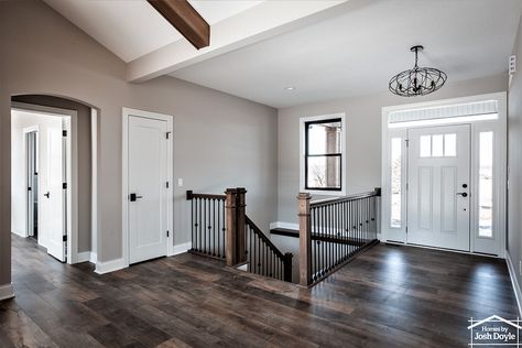 Stairs To Basement In Entryway, Open Stairs To Basement, Entryway With Stairs, Stairs To Basement, Open Staircase Ideas, Open Basement Stairs, Split Entry Remodel, Open Stairs, Open Staircase