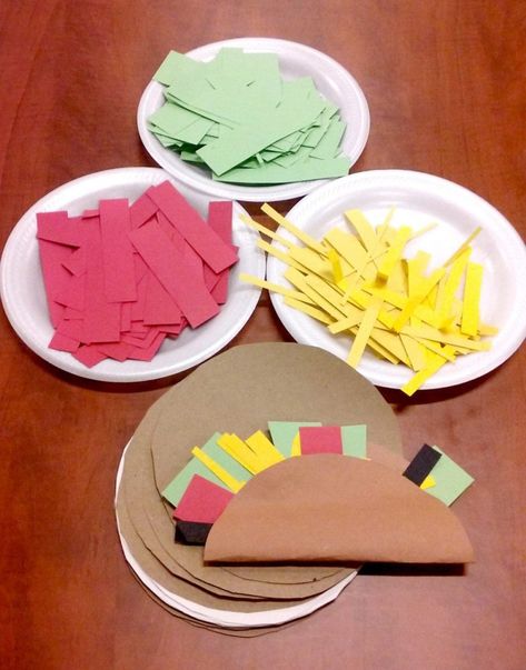 What I Did in Storytime, Tacos Tacos Tacos! Food Arts And Crafts For Preschool, T Is For Taco Craft, Preschool Taco Craft, Taco Preschool Craft, Ilp Kitchen Lessons, Taco Crafts For Preschool, Paper Taco Craft, Preschool Cooking Crafts, Taco Activities Preschool