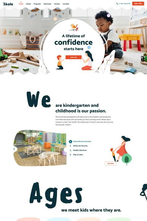 Skole is a colorful and playful WordPress theme designed for kindergarten and childcare websites. It comes with a range of cute and engaging design elements, such as cartoon characters, icons, and fonts, that will capture the attention of children and parents alike. Skole is highly customizable and easy to use, with a range of pre-designed templates and layouts that you can easily customize to fit your brand. Birthday Website, Kindergarten Website, Childcare Website, Letter D Crafts, School Marketing, Design Slide, Graphic Design School, Full Stack Developer, School Website