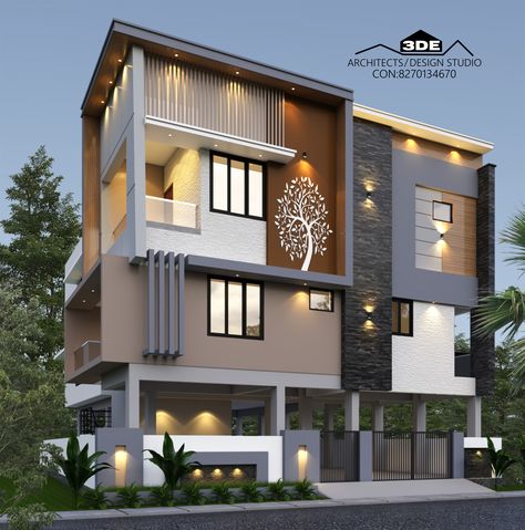 Modern House Elevation Design, Elevation Designs For House, Modern House Elevation, 3d Elevation Design, 3d Power, Exterior Modern House, Exterior Elevation, Etched Glass Door, 3d Elevation