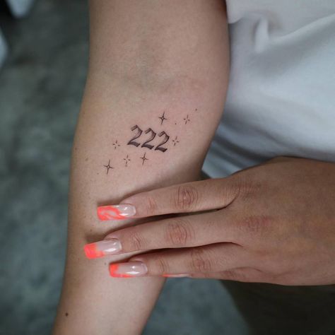 "222" lettering tattoo located on the inner forearm. 224 Tattoo Meaning, 224 Tattoo Design, 224 Tattoo Ideas, 222 Tattoo Design, 222 Tattoo Ideas, 224 Tattoo, 666 Tattoo, Typewriter Font Tattoo, 222 Tattoo