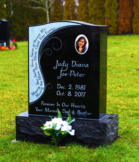 Traditional Serp Top Memorial Designed By Meadowlark Memorials. Installed at Valley View Cemetery, Surrey BC. #gravestone #headstone #stoneart #Meadowlarkmemorials #Tombstones #uniqueheadstones #caligraphy Monument Ideas, Tomb Stones, Headstone Ideas, Final Wishes, Tomb Stone, Granite Monuments, Granite Memorial, Grave Headstones, Tombstone Designs