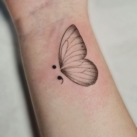 Semi-colon Butterfly Tattoo, Semi Colon Butterfly, Colon Tattoo, Butterfly Tattoo Ideas, Butterfly Hand Tattoo, Butterfly Wrist Tattoo, Butterfly Tattoo Meaning, Semi Colon, Small Butterfly Tattoo