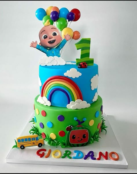 Cocomelon 2 Tier Cake Design, Coco Melon Cake Ideas 1st Birthday, Cocomelon First Birthday Cake, Cocomelon Party Cake, Peekaboo Cake, Coco Melon Cake Ideas, Cocomelon Cake Design, Cocomelon Cake Ideas, Cocomelon Theme Cake