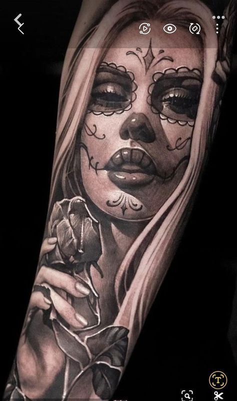 Day Of The Dead Woman Tattoo, Mexican Lady Tattoo, Day Of Dead Girl Tattoo, Mexican Skull Tattoos Women, Skull Lady Tattoo, Lady Face Tattoo Design, Feminine Skull Tattoos For Women, Chicano Girl Tattoo, Dia De Los Muertos Tattoo Ideas