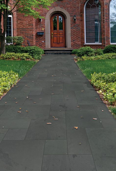 MONTAUK BLACK Exterior Stained Concrete, Slate Walkway, House Landscaping Ideas, Slate Pavers, Outdoor Tile Patio, Colorful Flower Beds, Elevated Planter, Stone Pavers, Pavers Backyard