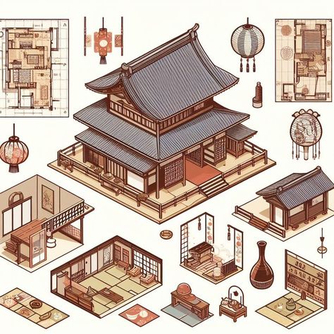 Japanese Architecture Illustration, Isometric Japanese House, Bathhouse Japanese, Japan Building Aesthetic, Japanese Home Floor Plan, Japanese Greenhouse, Traditional Japanese House Layout, Japanese Roof Design, Japanese House Drawing