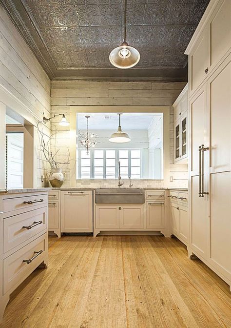 If I leave my ceiling the way it is now, white walls and paint the floor this color??? Simple Beds, Shiplap Bathroom, Kitchen Ceiling, Tin Ceiling, Ship Lap Walls, Kitchen Remodel Idea, Wood Flooring, Design Kitchen, White Cabinets