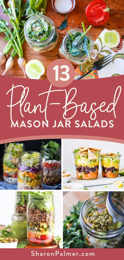 Mason Jar Food Recipes, Raw Vegan Mason Jar Meals, Mason Jar Salad Vegan, Salad Jars Vegan, Lentil Mason Jar Salad, Vegan Salad In A Jar, Mason Jar Meal Prep Vegetarian, Vegan Salads Lunch, Thai Mason Jar Salad