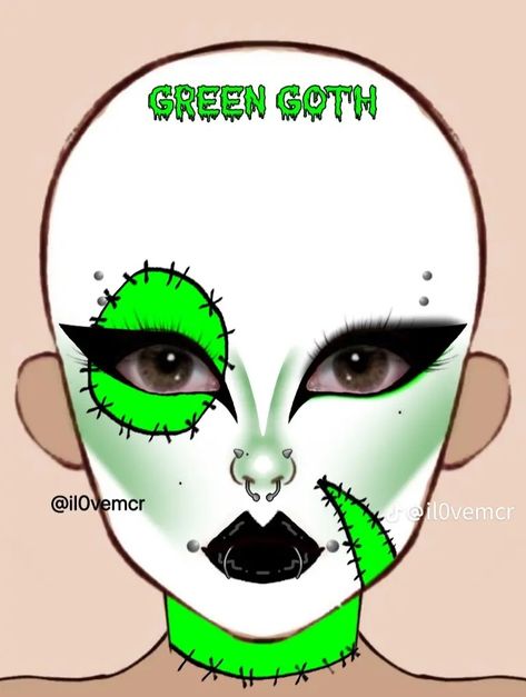 Green Goth, Exotic Makeup, Goth Makeup Tutorial, Makeup Charts, Funky Makeup, Makeup Drawing, Cute Eye Makeup, Makeup Face Charts, Face Paint Makeup