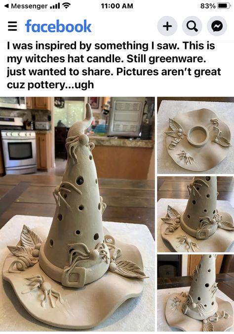 Witches Hat Pottery, Clay Witches Hat, Air Dry Clay With Crystals, Ceramic Witch Hat, Fall Pottery Ideas, Halloween Pottery Ideas, Clay Witch Hat, Pottery Witch, Useful Clay Projects