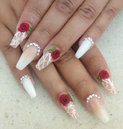 Wedding Nails With Red For Bride, Red And White Nails For Wedding, Rose Acrylic Nails Design, Red Wedding Nails For Bride, Red Rose Nail Design, Red Rose Nails, Red Wedding Nails, Winter Wedding Nails, Rose Nail Design