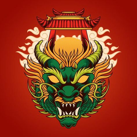 Chinese Dragon Head, Foo Dog Tattoo Design, Simple Face Drawing, Dragon Head Tattoo, Dragon Japanese, Vector Animals, Foo Dog Tattoo, Dance Logo, Dragon Chino