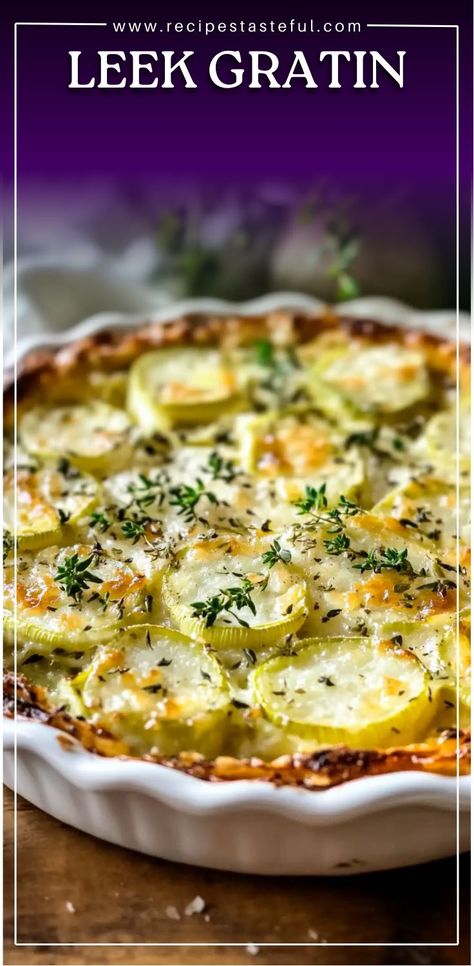 This creamy and cheesy Leek Gratin is a delightful side dish perfect for your Thanksgiving feast. With tender leeks, rich cream, and bubbly Gruyère cheese, it’s a unique addition that will have everyone asking for seconds! #LeekGratin #ThanksgivingSideDish #HolidaySideDish #CreamyGratin #Leeks #CheesyGratin #ComfortFood #VegetarianSideDish #CheeseLovers Leek Gratin Recipe, Leek And Beans, Creamed Leeks Recipes, Leek Recipes Dinners, What To Make With Leeks, Leaks Recipe Ideas, Leek And Mushroom Recipes, Leek Greens Recipe, Leaks Recipe