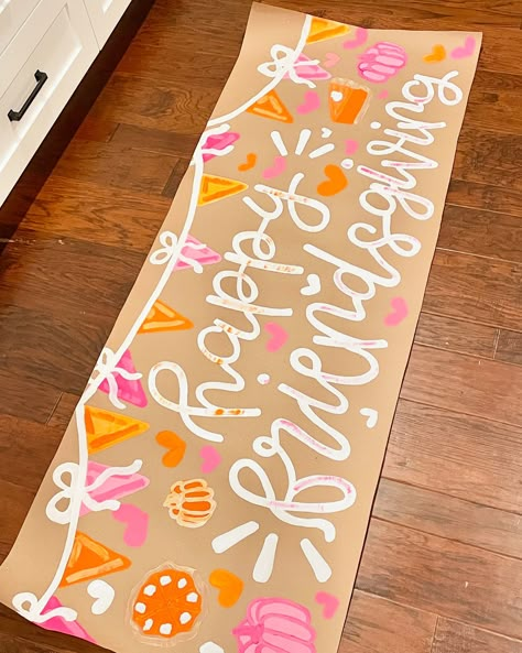 Prepping for Thanksgiving with Friendsgiving!!✨🧡💕🥧🍂 Brown Paper Banner Christmas, Happy Birthday Butcher Paper Sign, Painted Butcher Paper Banner, First Day Of School Banner Painted, Paper Banners Ideas Diy, Banner Painting Ideas, Birthday Banners Painted, Brown Paper Birthday Banner, Paper Poster Ideas