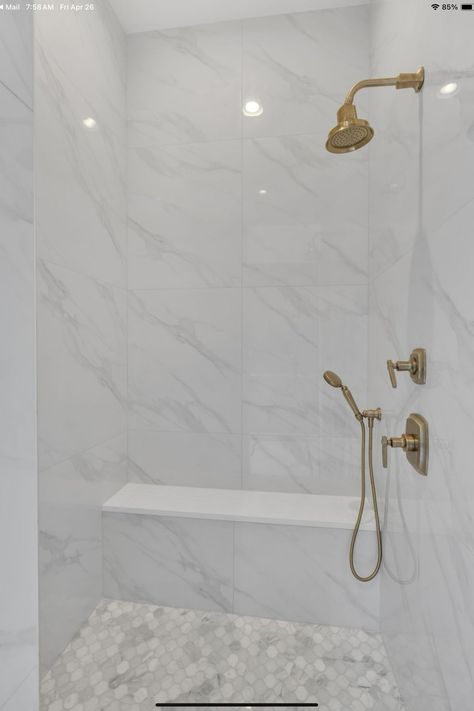 Marble Shower Ideas, Marble Shower Bathroom, Master Shower Tile Ideas, Walk In Shower Tile Ideas, Master Shower Tile, Modern Shower Design, Updated Bathroom, Bath Makeover, Shower Tile Ideas