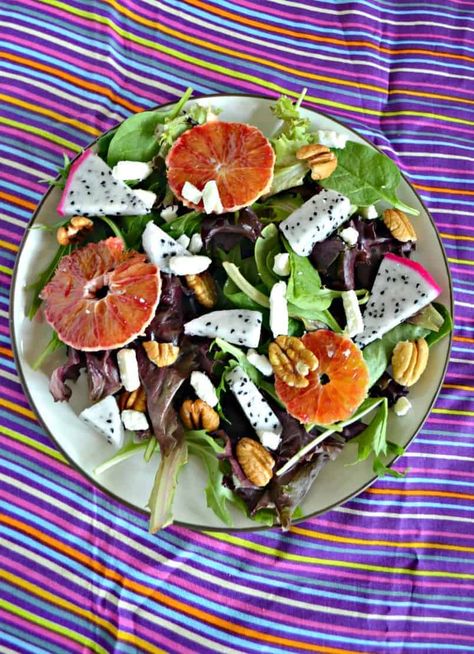 Dragon Fruit and Blood Orange Salad with Pecans Salad recipes | Pecans | Healthy Recipes | Fruit Recipes | Blood Orange Salad | Salad with Pecans | Side Dishes Dragon Fruit Recipes, Dragon Fruit Salad, Pecan Salad Recipe, Dragon Fruit Smoothie Recipe, Blood Orange Salad, Salad With Pecans, Dragonfruit Recipes, Dragon Fruit Smoothie Bowl, Recipes Fruit