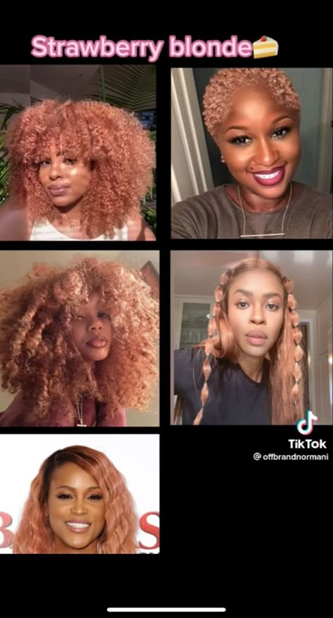 Cool Natural Hair Colors, Dyed Hair Strawberry Blonde, Black Women With Dyed Natural Hair, Rose Gold Hair On Black Women, Rose Gold Natural Hair Black Women, Honey Blonde Hair Dye On Black Women, Pastel Pink Hair Black Women, Light Pink Natural Hair, Strawberry Blonde Locs