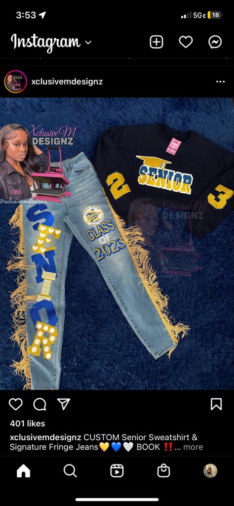 Blue And Yellow Senior Jeans, High School Homecoming Shirts, Senior Jeans With Fringe, Class Of 2023 Jeans, Class Of 2024 Jean Ideas, Last First Day Of School Senior Year Outfits, Class Of 2024 Outfit Ideas, Custom Dickie Outfits Senior, Senior Pictures Outfits Jeans And Shirt