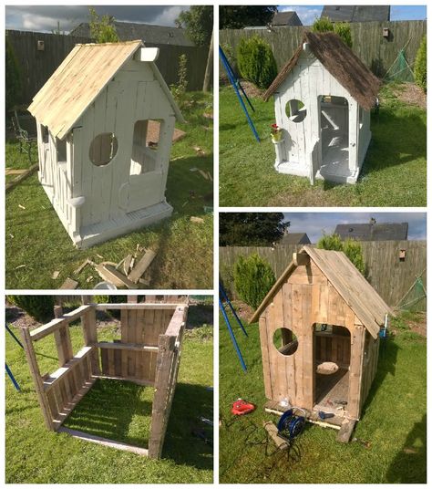 #Garden, #Kids, #PalletHut, #RecyclingWoodPallets I had a look over the internet how to make a playhouse for kids. I saw many projects and figured I should start with this rather than making myself a shed! My neighbor could source pallets, so this was pretty easy to start. I had some leftover deck Playhouse For Kids, Pallet Dog House, Pallet Kids, Pallet Playhouse, Repurpose Pallets, Pallet Shed, Diy Kids Furniture, Garden Kids, Wendy House